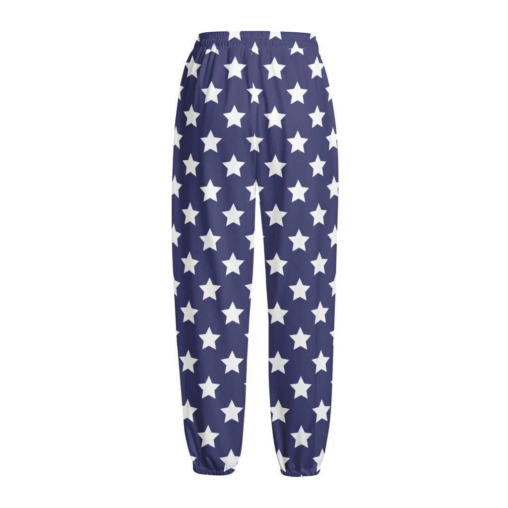 Blue And White USA Star Pattern Print Fleece Lined Knit Pants
