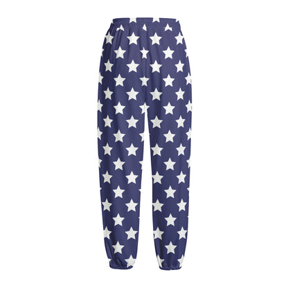 Blue And White USA Star Pattern Print Fleece Lined Knit Pants
