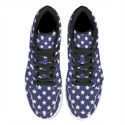 Blue And White USA Star Pattern Print High Top Leather Sneakers