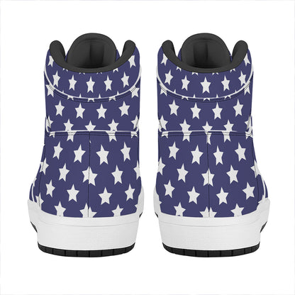 Blue And White USA Star Pattern Print High Top Leather Sneakers