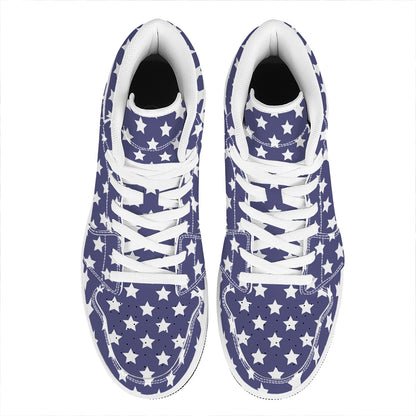 Blue And White USA Star Pattern Print High Top Leather Sneakers