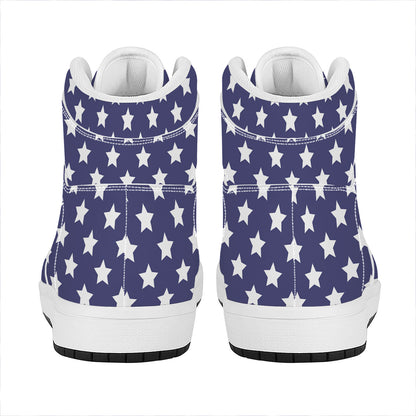 Blue And White USA Star Pattern Print High Top Leather Sneakers