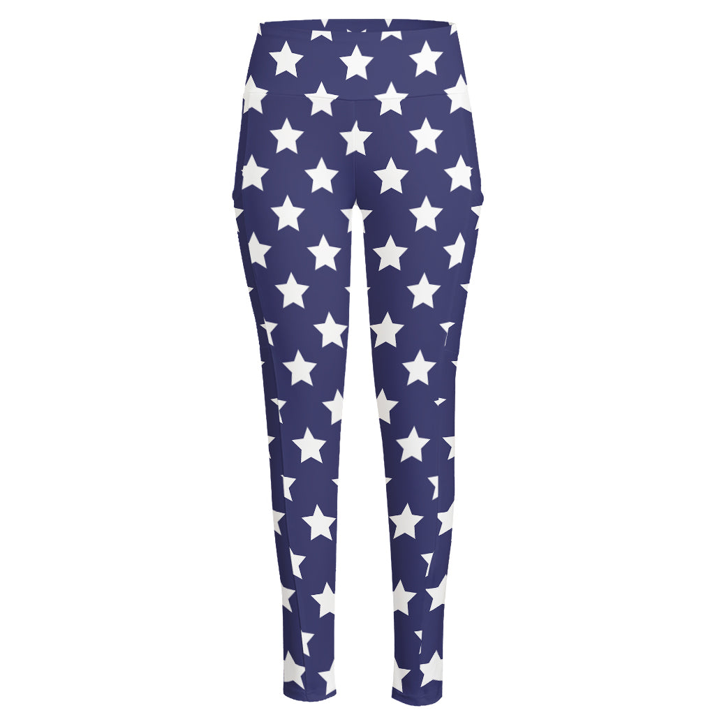 Blue And White USA Star Pattern Print High-Waisted Pocket Leggings