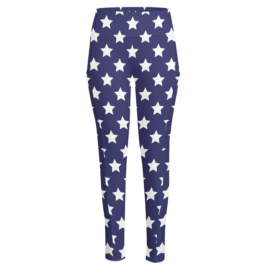 Blue And White USA Star Pattern Print High-Waisted Pocket Leggings