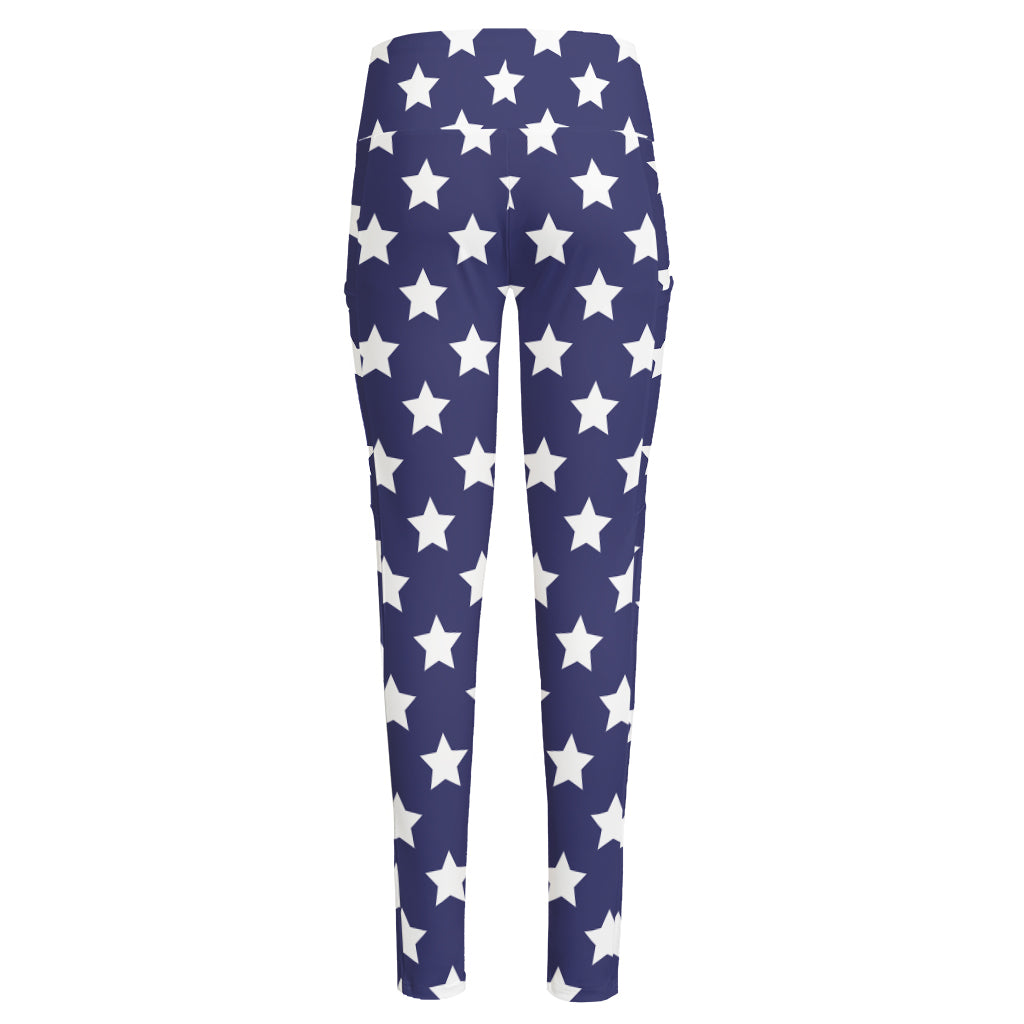 Blue And White USA Star Pattern Print High-Waisted Pocket Leggings