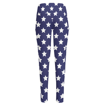 Blue And White USA Star Pattern Print High-Waisted Pocket Leggings