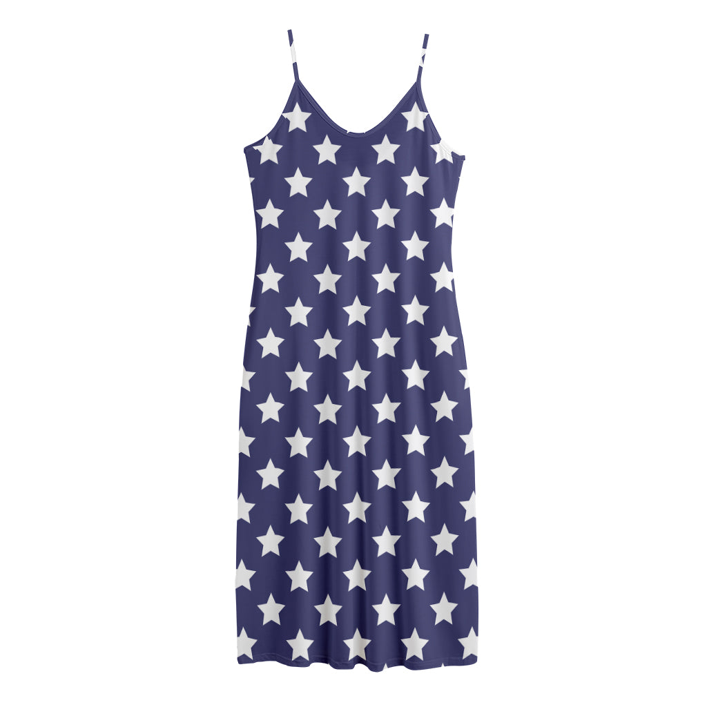 Blue And White USA Star Pattern Print Jersey Midi Cami Dress