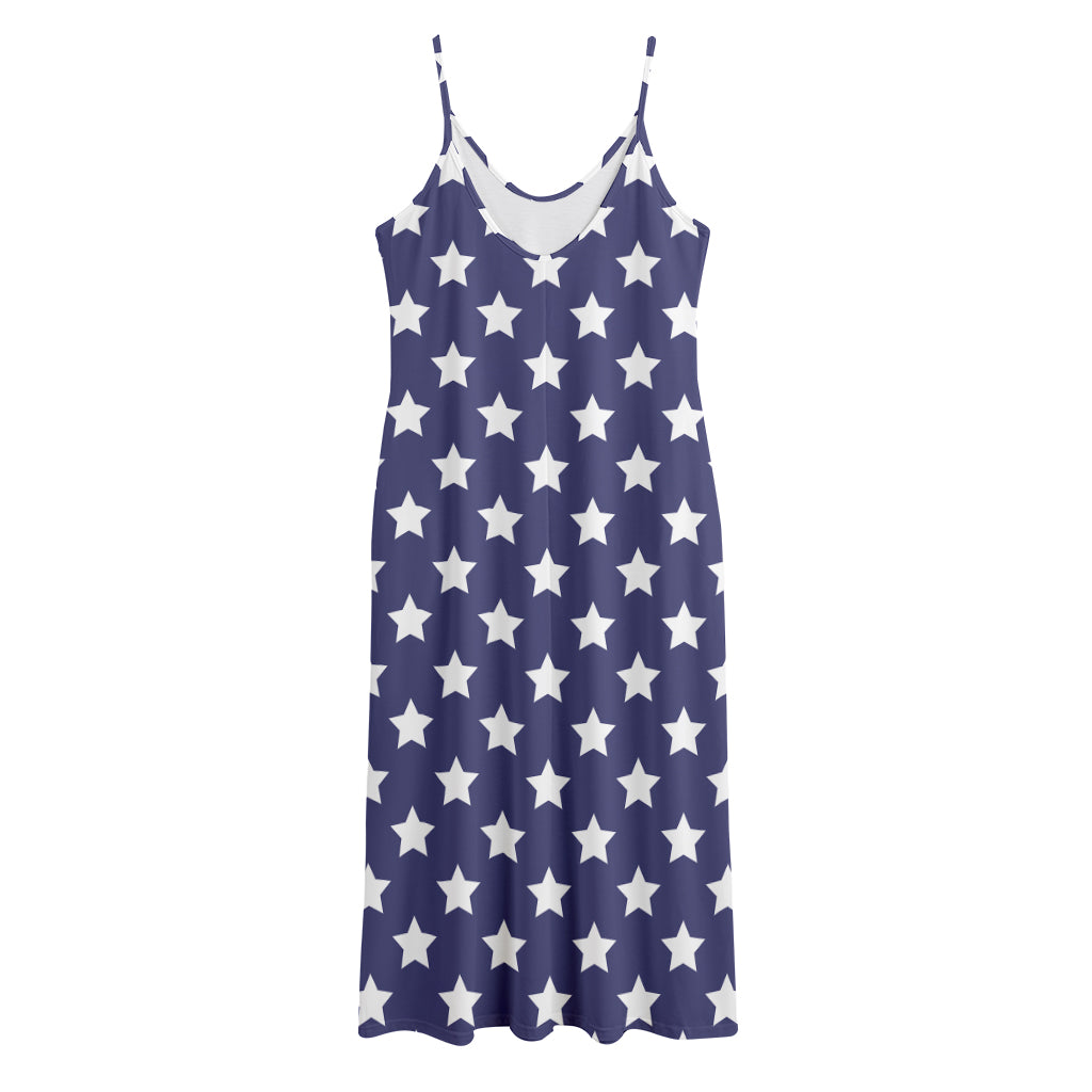 Blue And White USA Star Pattern Print Jersey Midi Cami Dress