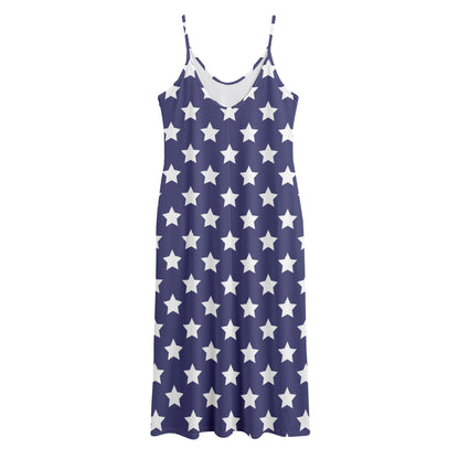Blue And White USA Star Pattern Print Jersey Midi Cami Dress