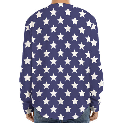 Blue And White USA Star Pattern Print Long Sleeve Baseball Jersey