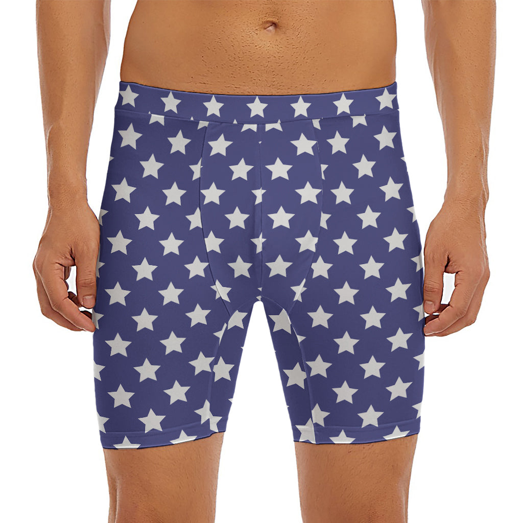 Blue And White USA Star Pattern Print Men's Long Boxer Briefs