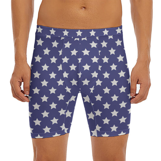 Blue And White USA Star Pattern Print Men's Long Boxer Briefs