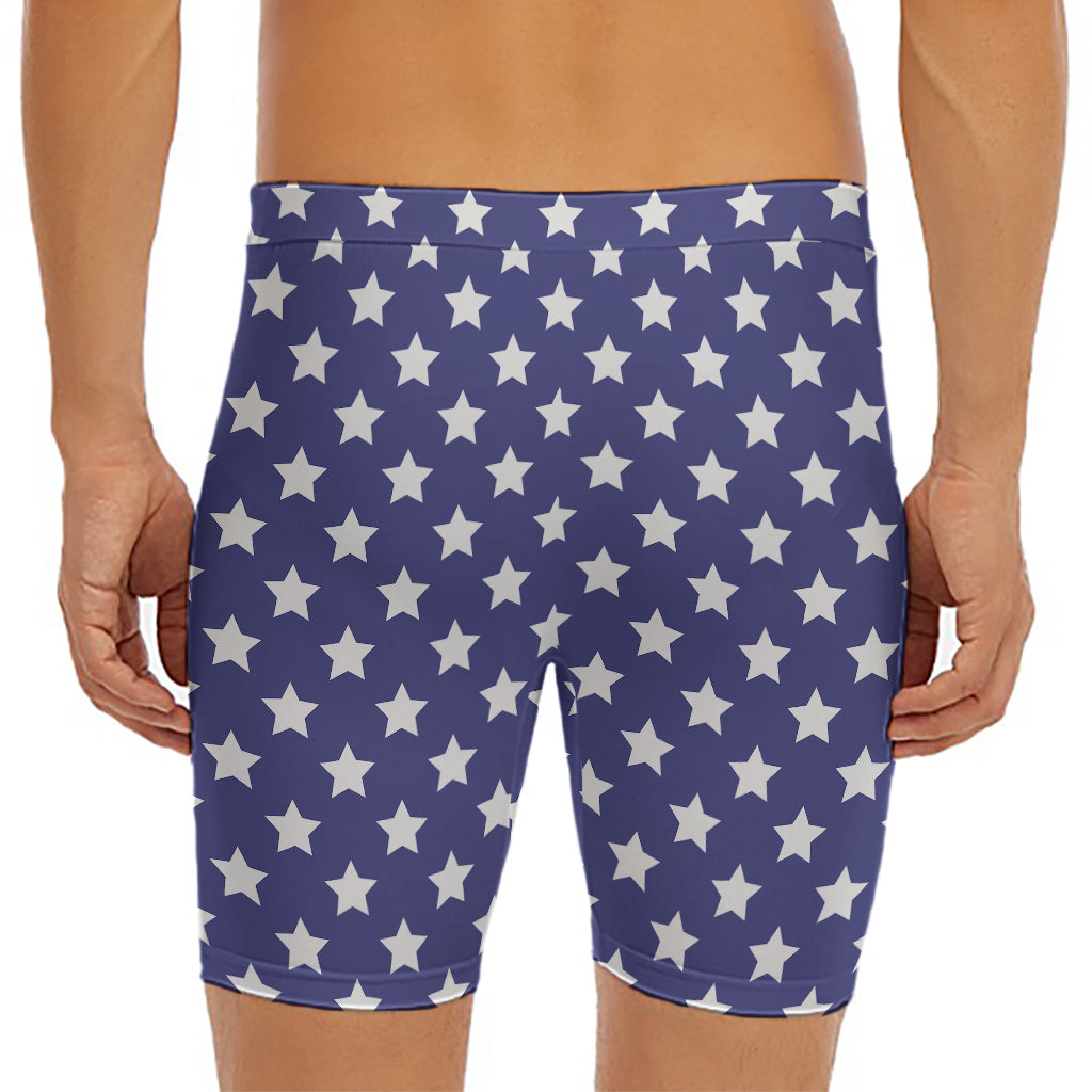 Blue And White USA Star Pattern Print Men's Long Boxer Briefs