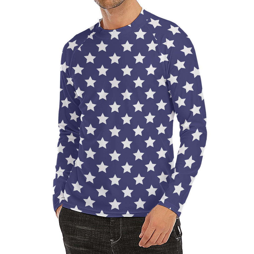 Blue And White USA Star Pattern Print Men's Long Sleeve Rash Guard