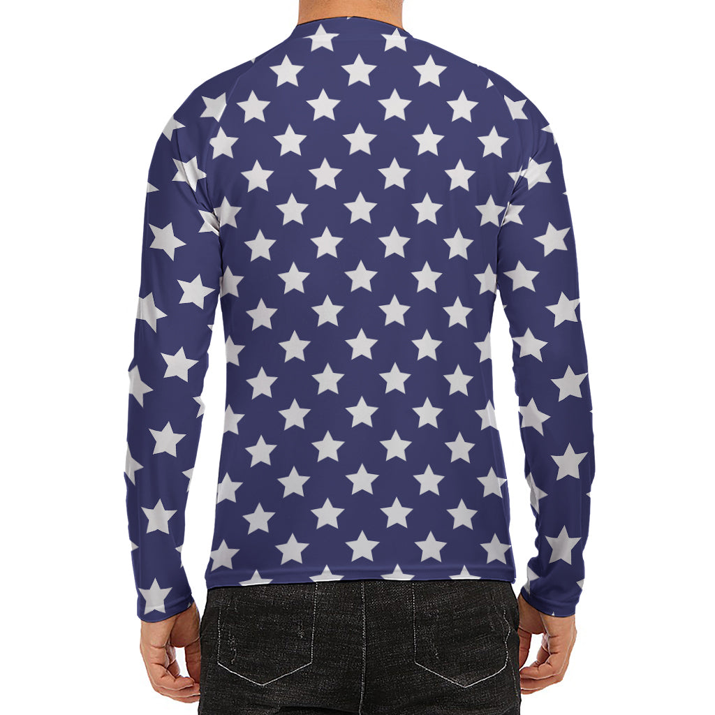 Blue And White USA Star Pattern Print Men's Long Sleeve Rash Guard