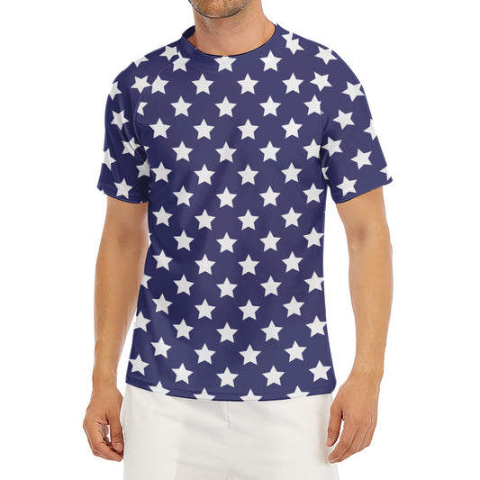 Blue And White USA Star Pattern Print Men's Short Sleeve Rash Guard