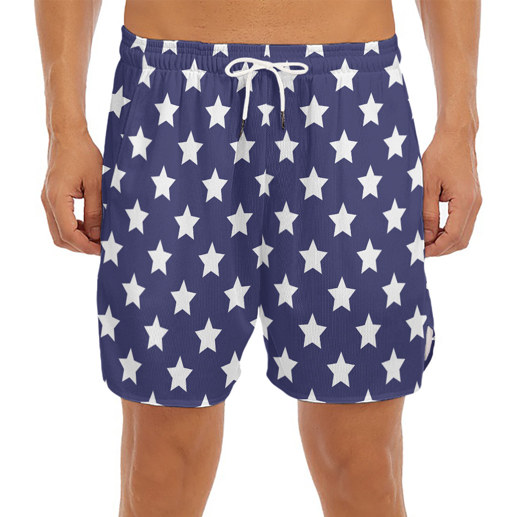 Blue And White USA Star Pattern Print Men's Split Running Shorts