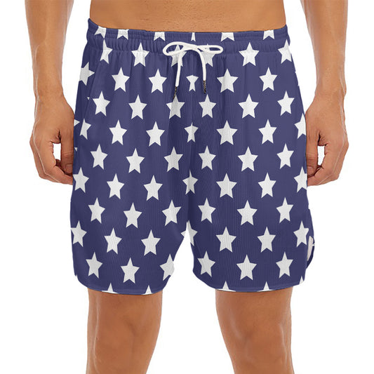 Blue And White USA Star Pattern Print Men's Split Running Shorts