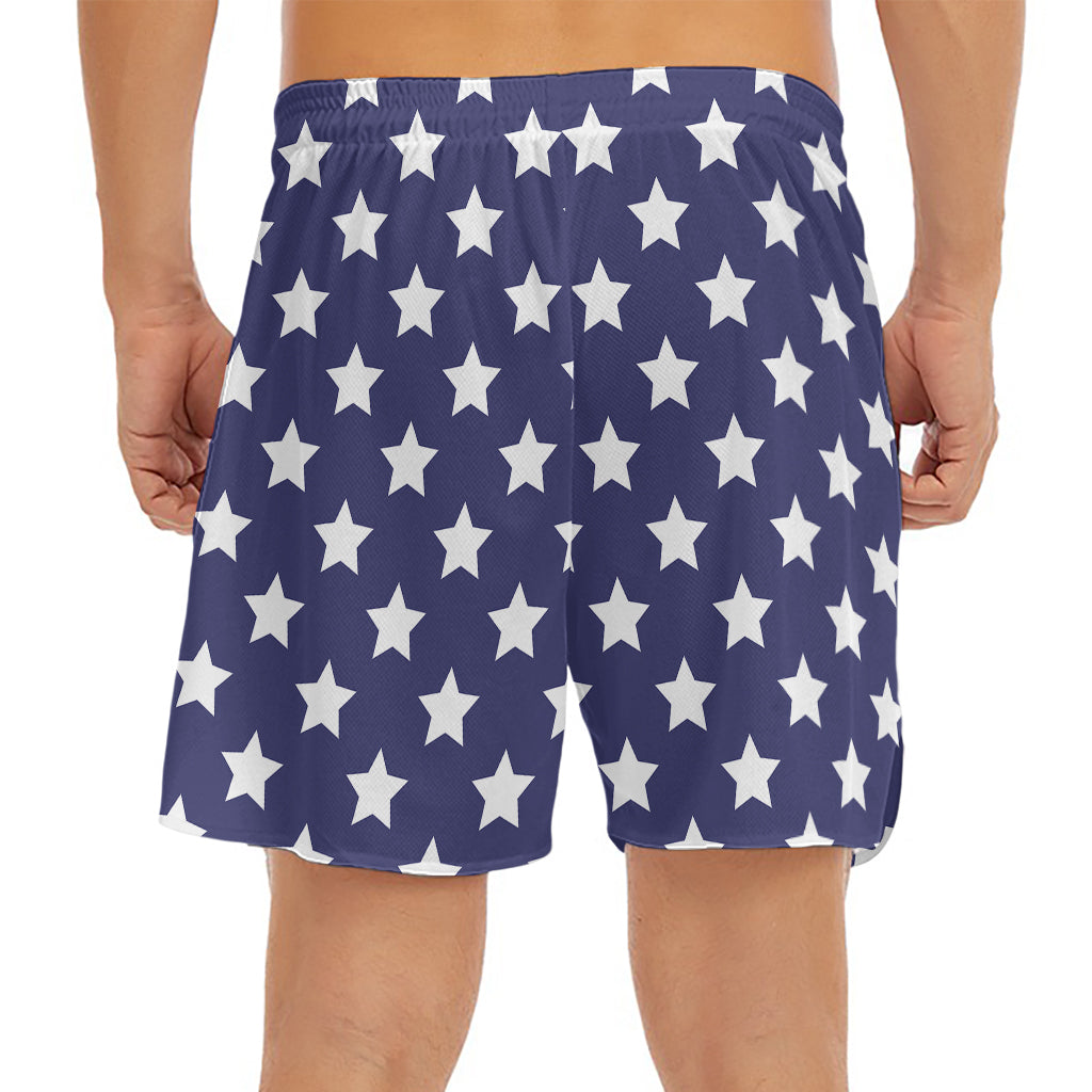 Blue And White USA Star Pattern Print Men's Split Running Shorts