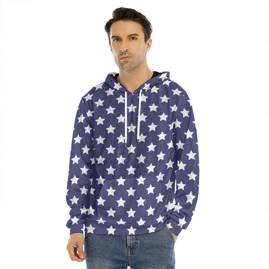 Blue And White USA Star Pattern Print Men's Velvet Pullover Hoodie