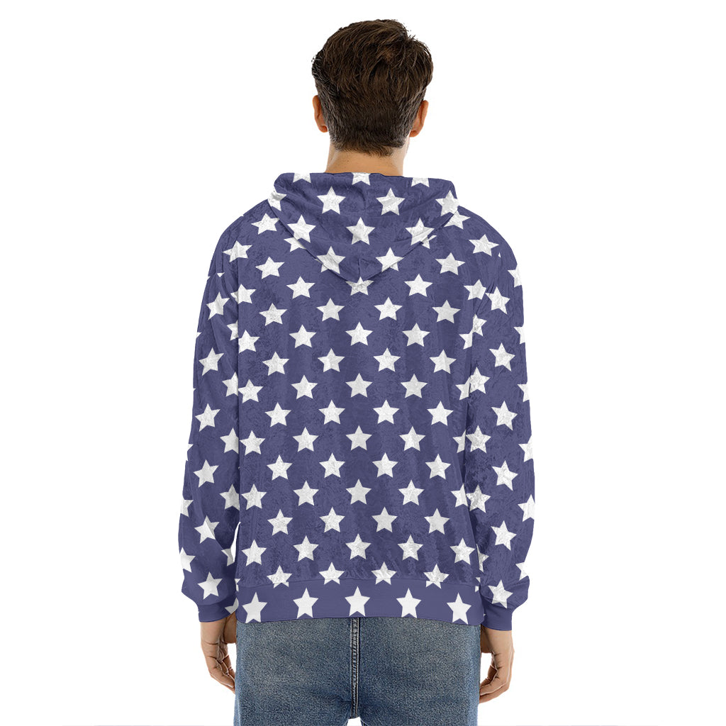 Blue And White USA Star Pattern Print Men's Velvet Pullover Hoodie