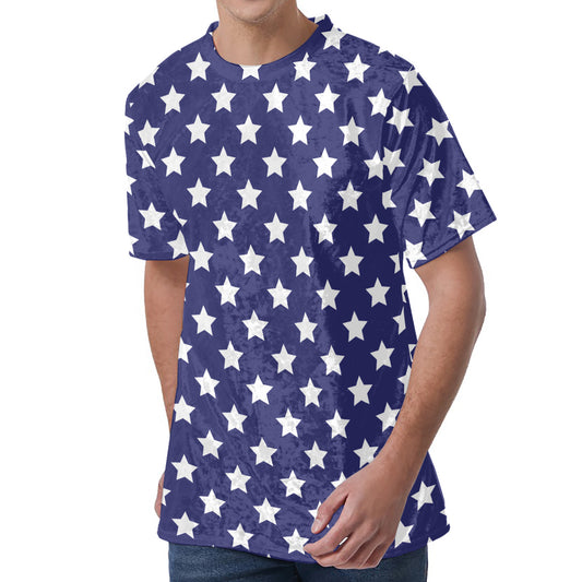 Blue And White USA Star Pattern Print Men's Velvet T-Shirt