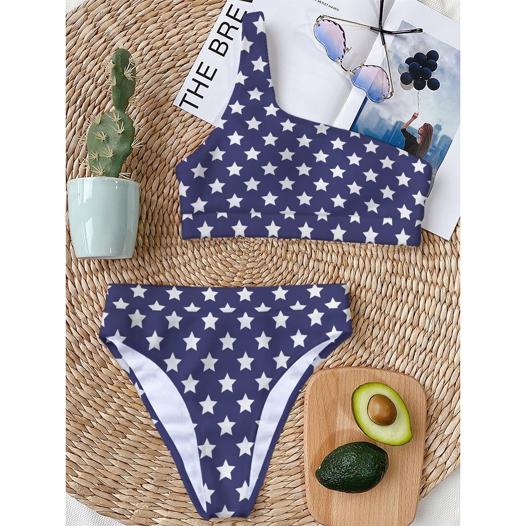 Blue And White USA Star Pattern Print One Shoulder Bikini Top