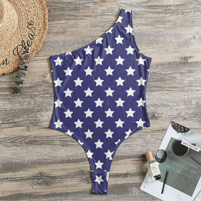 Blue And White USA Star Pattern Print One Shoulder Bodysuit