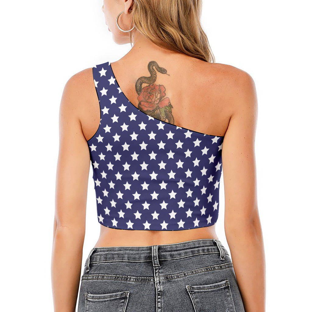Blue And White USA Star Pattern Print One Shoulder Crop Top