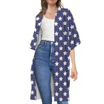 Blue And White USA Star Pattern Print Open Front Beach Cover Up