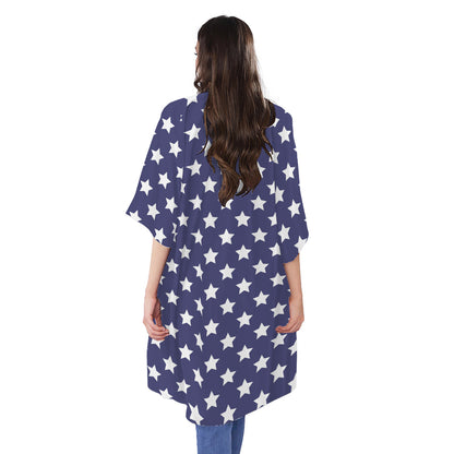 Blue And White USA Star Pattern Print Open Front Beach Cover Up