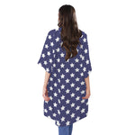 Blue And White USA Star Pattern Print Open Front Beach Cover Up