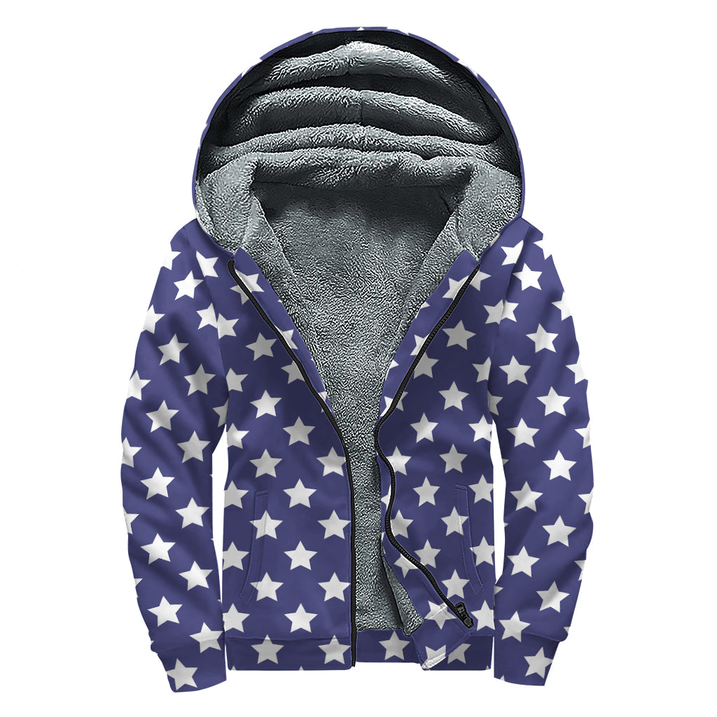 Blue And White USA Star Pattern Print Sherpa Lined Zip Up Hoodie