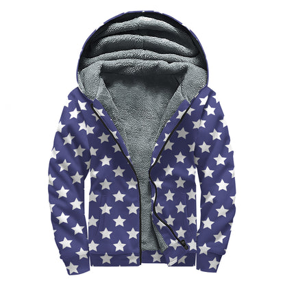Blue And White USA Star Pattern Print Sherpa Lined Zip Up Hoodie