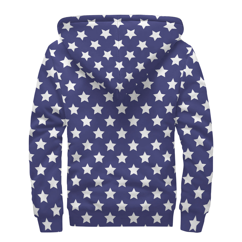 Blue And White USA Star Pattern Print Sherpa Lined Zip Up Hoodie