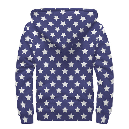 Blue And White USA Star Pattern Print Sherpa Lined Zip Up Hoodie