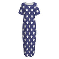 Blue And White USA Star Pattern Print Short Sleeve Long Nightdress