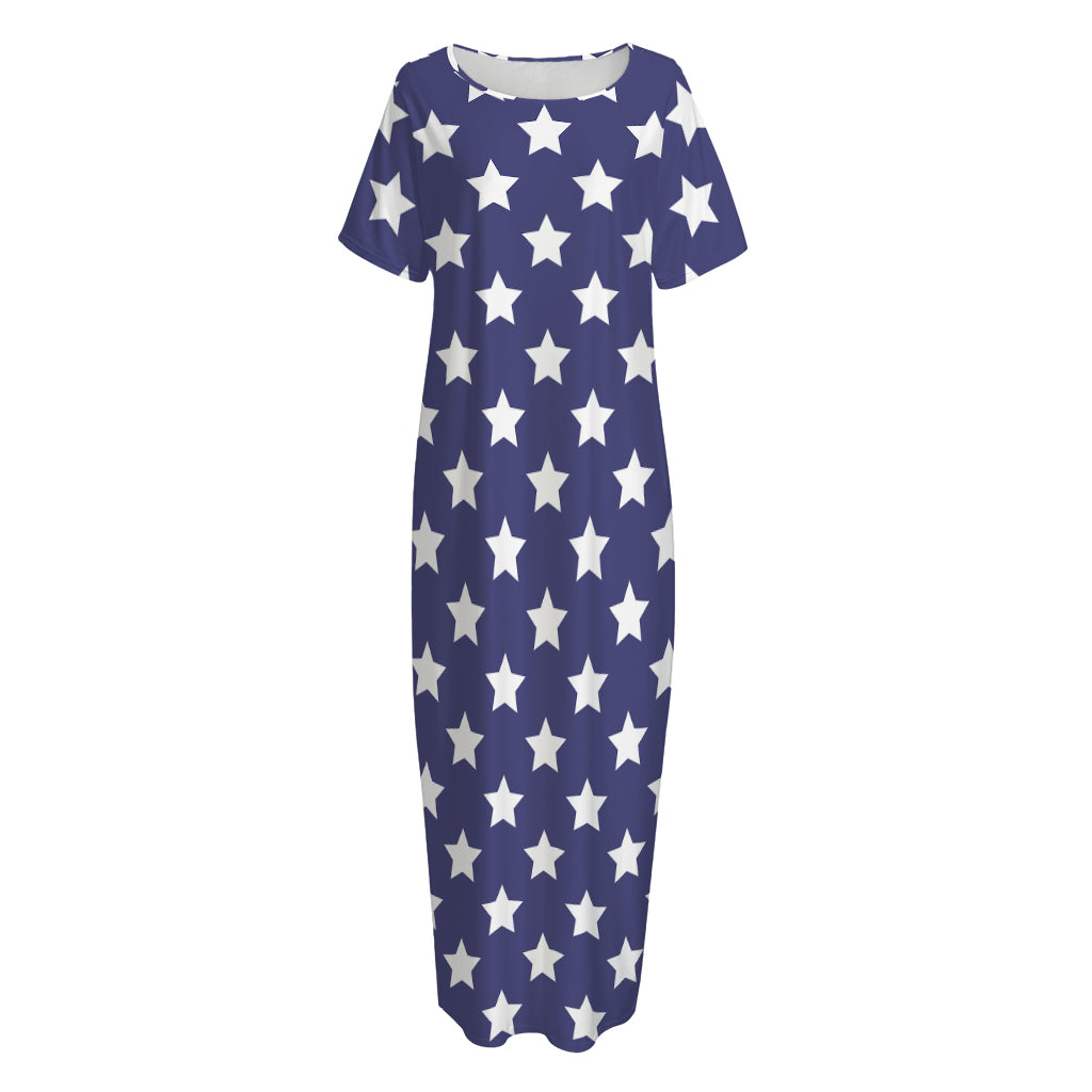 Blue And White USA Star Pattern Print Short Sleeve Long Nightdress