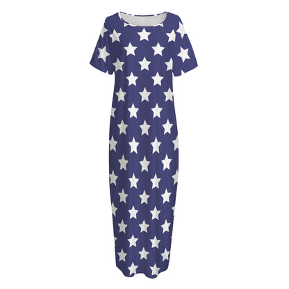 Blue And White USA Star Pattern Print Short Sleeve Long Nightdress