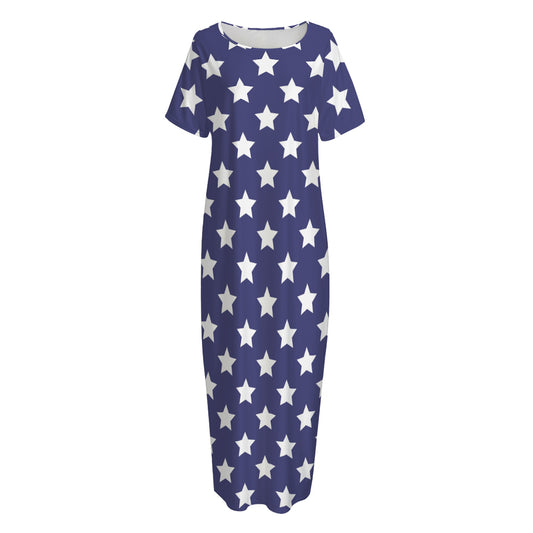 Blue And White USA Star Pattern Print Short Sleeve Long Nightdress