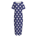 Blue And White USA Star Pattern Print Short Sleeve Long Nightdress