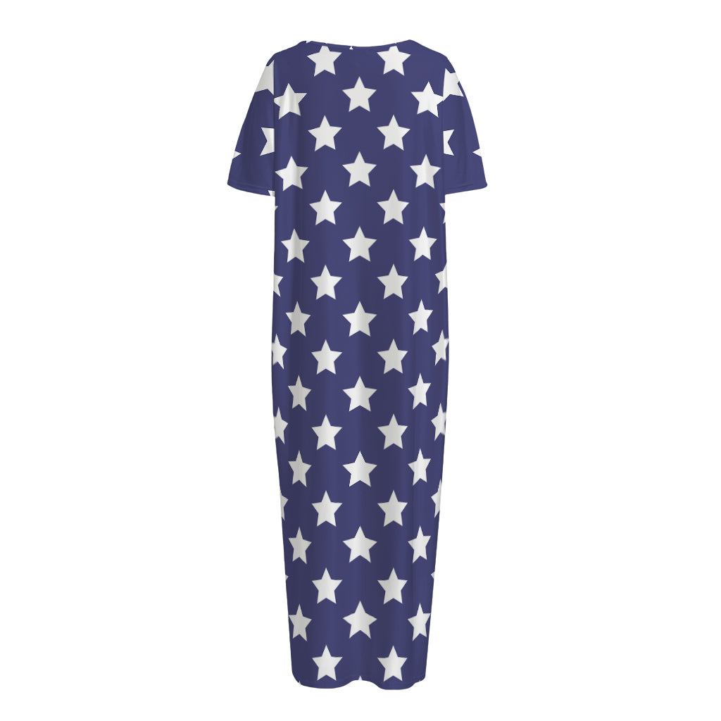 Blue And White USA Star Pattern Print Short Sleeve Long Nightdress