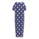 Blue And White USA Star Pattern Print Short Sleeve Long Nightdress