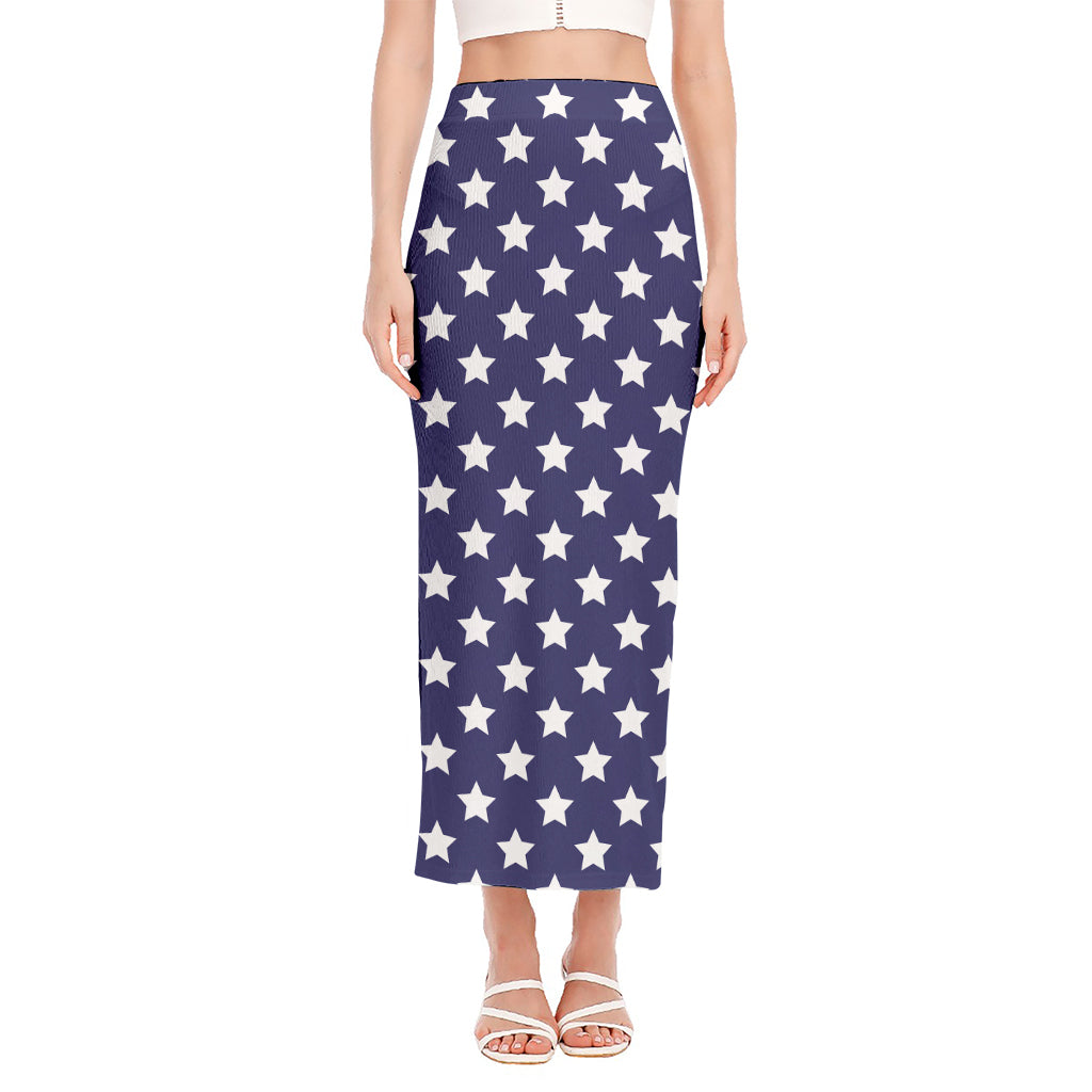 Blue And White USA Star Pattern Print Side Slit Maxi Skirt