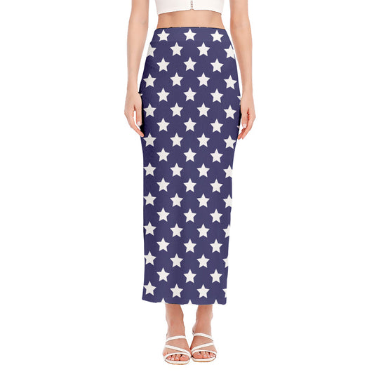 Blue And White USA Star Pattern Print Side Slit Maxi Skirt