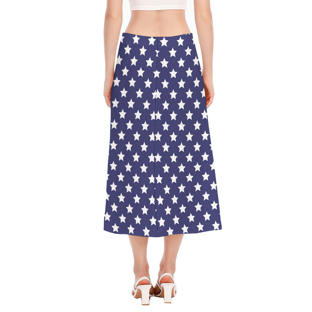 Blue And White USA Star Pattern Print Side Slit Midi Skirt