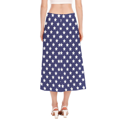 Blue And White USA Star Pattern Print Side Slit Midi Skirt
