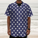 Blue And White USA Star Pattern Print Textured Short Sleeve Shirt