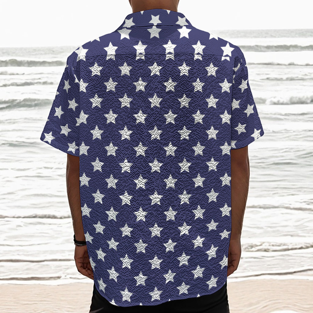 Blue And White USA Star Pattern Print Textured Short Sleeve Shirt