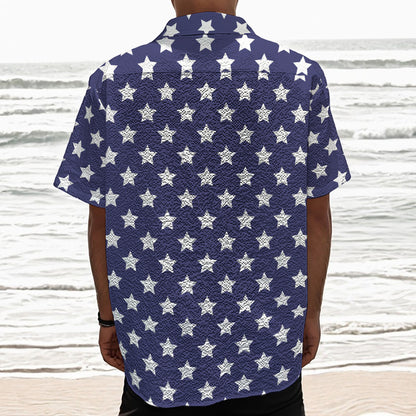 Blue And White USA Star Pattern Print Textured Short Sleeve Shirt